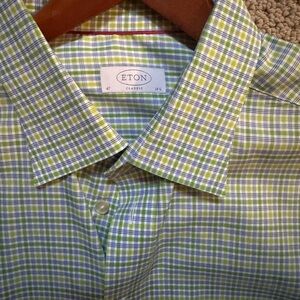 Eton Men's Blue and Green Checkered Dress Shirt